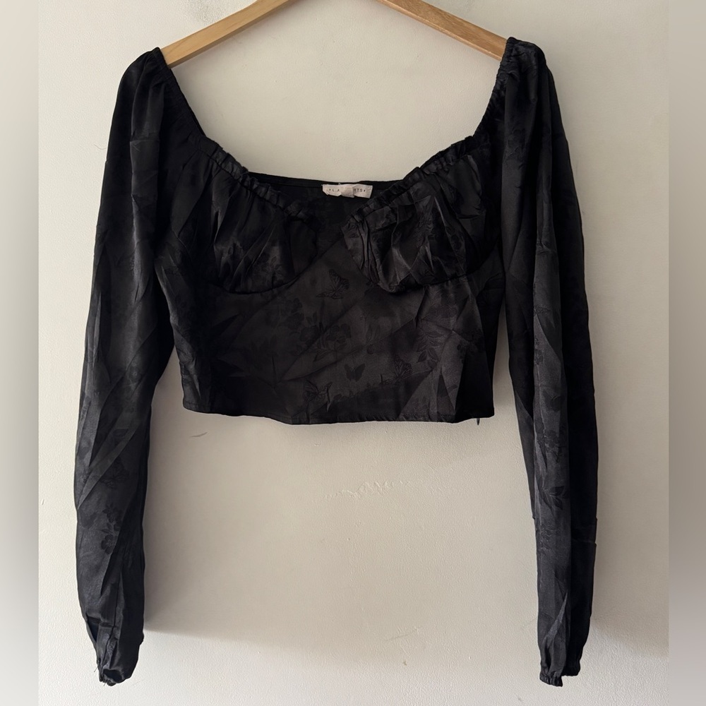 PacSun LA Hearts Black Satin‎ Long Sleeve Bustier Crop Top Flower Butterfly